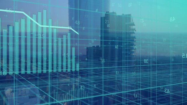 Animation of multiple graphs and changing numbers over aerial view of modern buildings against sky