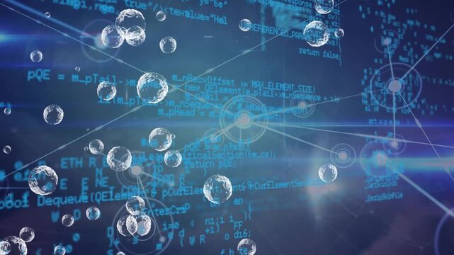 Animation of bubbles over dots connected with lines over computer language in background