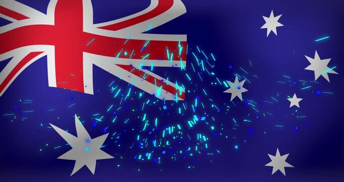 Animation of illuminated dots over waving flag of australia in background