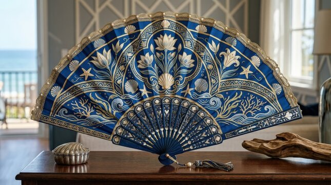 A vintage elegant floral art deco fan pattern in blue with shells and marine elements, refined ornamental coastal atmosphere, ultra-realistic, no logos.