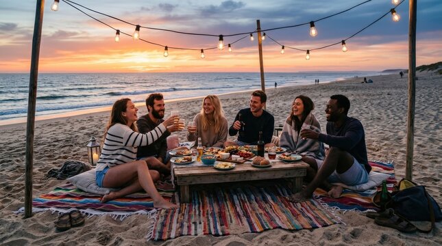 Friends at a beach picnic celebrating sunset together, string lights, blankets, drinks and glowing horizon creating a warm festive coastal gathering, ultra-realistic, no logos.