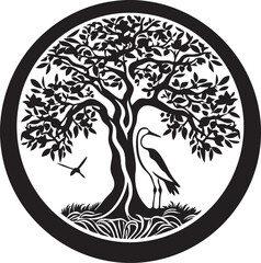 Fototapeta premium Tree of life with bird and roots in circle ancient symbol of nature vector graphic design.