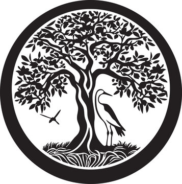 Tree of life with bird and roots in circle ancient symbol of nature vector graphic design.