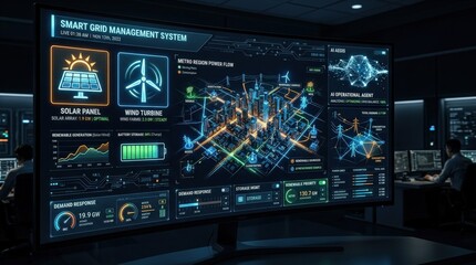 Fototapeta premium A smart energy grid management interface with AI agent, solar and wind icons on a dark technology background, glowing controls and sleek futuristic precision, ultra-realistic, no logos.