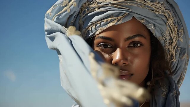 A woman wears blue fabric on her head while standing in a bright outdoor location. She poses in front of the camera, showing different expressions and enjoying the warmth of the sun.