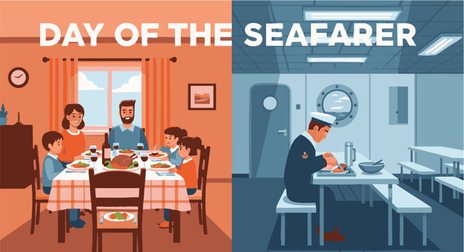 Split screen illustration for day of the seafarer of a family dinner and lonely sailor working on navigation in contrasting warm and cool lighting for maritime heritage 
