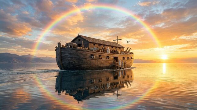Noah's ark at sunrise on the sea with a rainbow arching overhead, golden light, calm waters and reflective holy week symbolism, ultra-realistic, no logos.