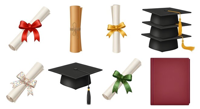 Graduation Symbols: Academic Diplomas, Cap Sets, and Book Covers in Formal Academic Attire