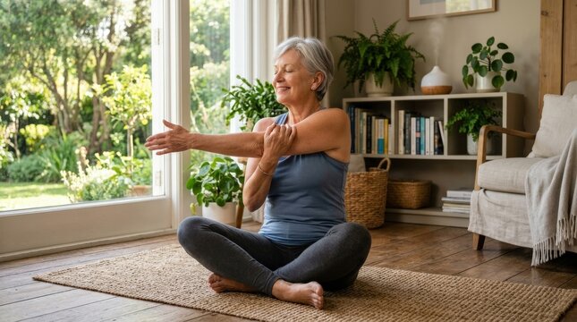 Happy senior woman doing a cross-arm stretch during a peaceful yoga session at home, relaxed posture, soft morning light, calm healthy wellness atmosphere, ultra-realistic, no logos.
