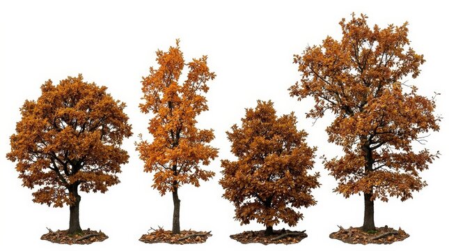 Four autumn jolcham oak trees with rich amber foliage and varied crown shapes, isolated botanical set with seasonal warmth and crisp cutout detail, ultra-realistic, no logos.