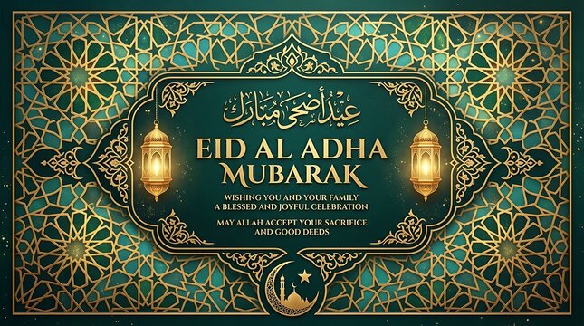 Eid al adha mubarak greeting card design with lanterns and arabic pattern
