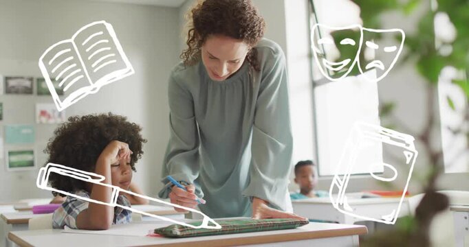 Female teacher guiding boy holding blue pencil learning while doodle icons fading in classroom