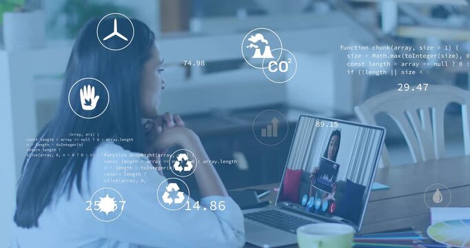 when colleague joining call, woman monitoring sustainability icons updating analytics