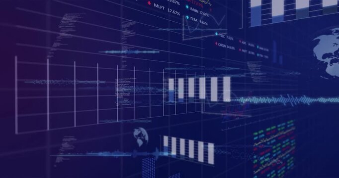 Camera panning right, finance dashboard revealing bar cluster and rising line, showing market trend