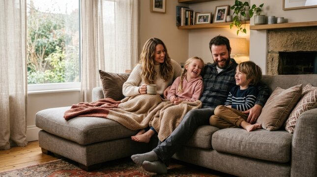 A family on a couch enjoying a moment together, cozy textiles, relaxed smiles, warm living room, intimate home atmosphere, soft window light, ultra-realistic, no logos.
