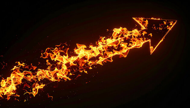 Floating 3D arrow on black, flames trailing edges, abstract representation of ambition and upward trajectory.