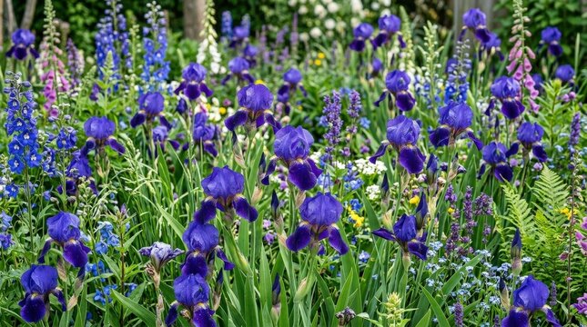A spring and summer iris floral background in vibrant indigo tones, lush botanical layering for invitations and wallpaper with elegant freshness, ultra-realistic, no logos.