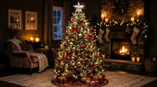 An artificial Christmas tree sparkling with red and gold ornaments and a silver star, festive glow and warm holiday atmosphere, ultra-realistic, no logos.
