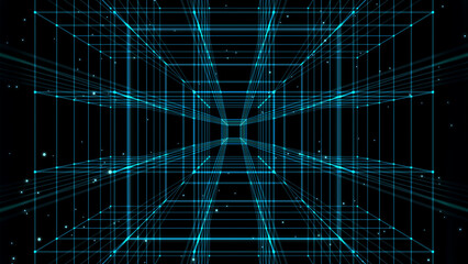 Fototapeta premium abstract transparent cube corridor from glowing lines and nodes isolated on balck background, futuristic quantum technology concept for data center, ai, vr and chip industry, texture template overlay