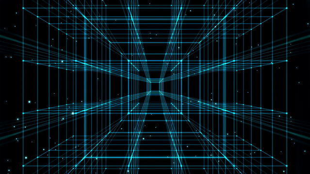 abstract transparent cube corridor from glowing lines and nodes isolated on balck background, futuristic quantum technology concept for data center, ai, vr and chip industry, texture template overlay