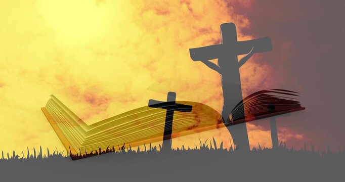 Displaying open book overlapping three crosses on low grassy hill, pages fluttering as sun shifting