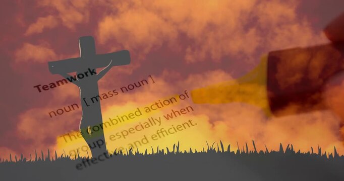 Marker entering right, sweeping left, marking Teamwork, stressing meaning on tilted page near cross