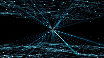 fractal abstract neon colored grid from nodes and lines with light beams in the center isolated on black background, futuristic concept for data technology, ai and vr, texture template overlay © winyu