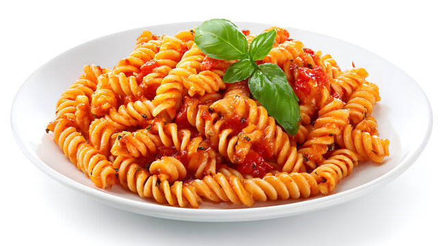 Delicious pasta dish, perfectly cooked pasta spirals smothered in a vibrant tomato sauce, garnished with fresh basil leaves. A close-up shot capturing the essence of Italian cuisine.