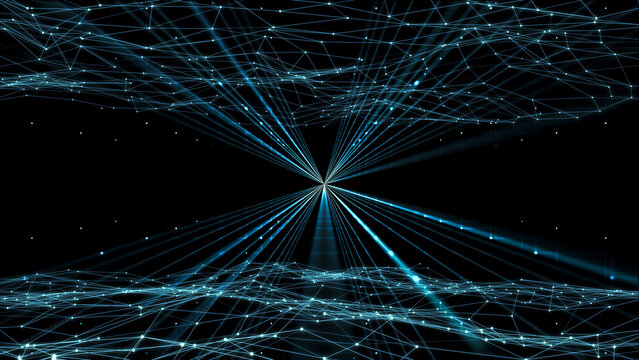 fractal abstract neon colored grid from nodes and lines with light beams in the center isolated on black background, futuristic concept for data technology, ai and vr, texture template overlay