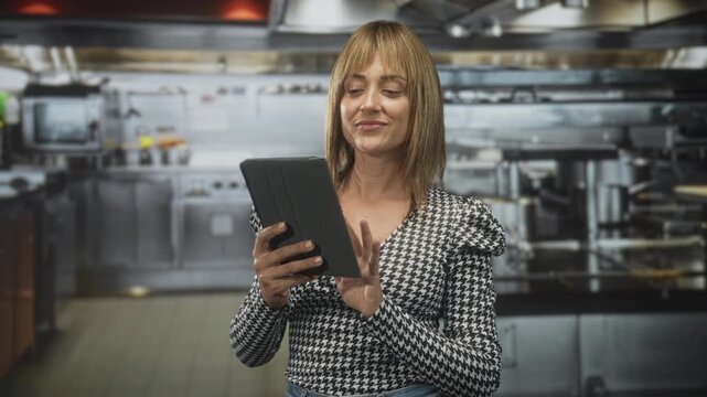 Middleage woman with blonde hair taps a tablet with fingers in a busy commercial kitchen, standing at prep counter and smiling while checking a screen; concentration.