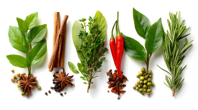 Aromatic herbs and spices artfully arranged, a vibrant culinary composition bursting with the essence of flavor and fragrance.