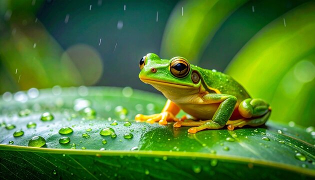 Vibrant green tree frog perched on a tropical leaf in the rain with dramatic bokeh and orange feet