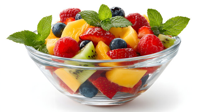 A refreshing fruit salad in a transparent bowl, showcasing a medley of vibrant and juicy fruits, topped with fresh mint leaves. The scene evokes a feeling of health and vitality.