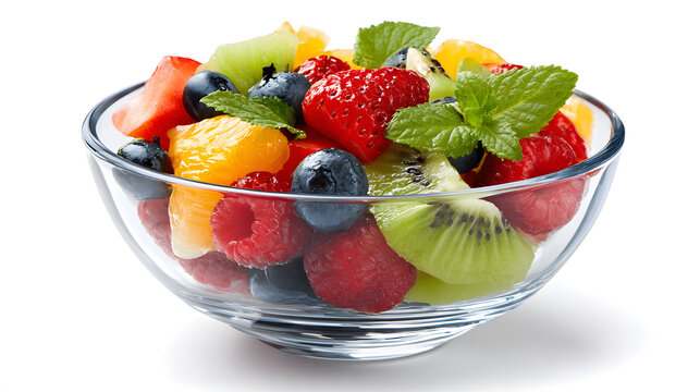 A vibrant and healthy fruit salad, a delicious and nutritious medley of fresh fruits in a transparent bowl. 