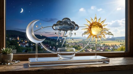 Fototapeta premium A transparent glass weather cycle set with moon, star, cloud, lightning, rain and sun, glossy surfaces and a clean day-night forecast atmosphere, ultra-realistic, no logos.