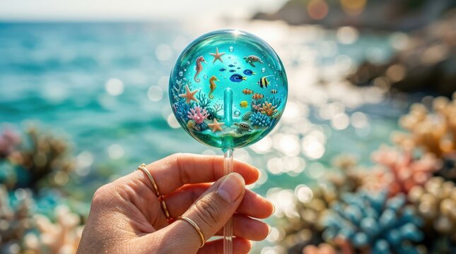 A hand holding a glossy lollipop with tiny sea life suspended inside, translucent candy glow, miniature ocean details and dreamy marine fantasy, ultra-realistic, no logos.
