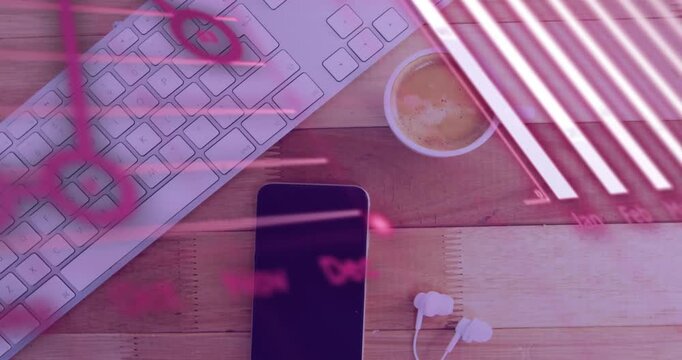 Pink overlays sweeping desk, revealing keyboard and phone, highlighting app labels for product demo