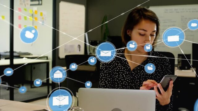 Woman reaching laptop and initiating blue icon overlay for business, checking phone and calling