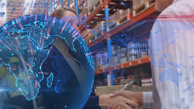 Animated globe overlay revealing handshake, woman and man shaking hands, closing warehouse deal