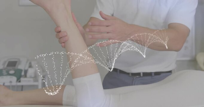Clinician holding calf, sparking arcs, lifting leg, guiding foot ROM, assessing mobility