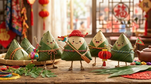 Cute Duanwu zongzi characters with leaf-wrapped rice shapes, tiny expressive faces and festive cultural warmth, arranged in a bright joyful scene, ultra-realistic, no logos.