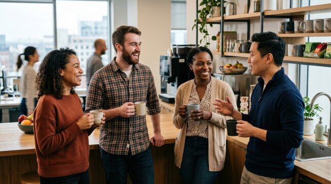 A group of coworkers chatting informally while enjoying coffee in the office kitchen, casual body language, bright communal space, warm tones, sociable and friendly mood, ultra-realistic, no logos.