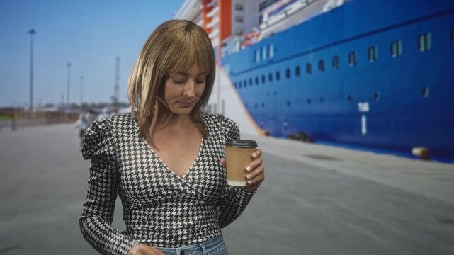 Woman holding a paper coffee cup with eyes closed and pursed lips, wearing a houndstooth top and jeans while standing beside a docked cruise ship on a street; relief.