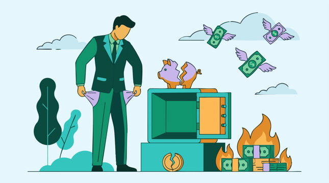 Financial Crisis: Business Man with Empty Pockets, Burning Money, and Broken Savings