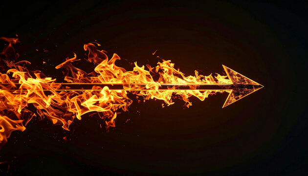 Floating 3D arrow on black, flames trailing edges, abstract representation of ambition and trajectory to right side