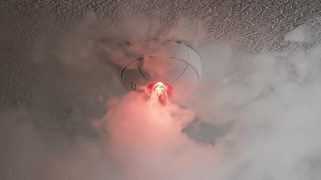 Smoke detector with red light and smoke for commercial backgrounds, digital design, and advertising