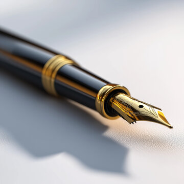 A close up of a black and gold fountain pen nib rests on a white surface