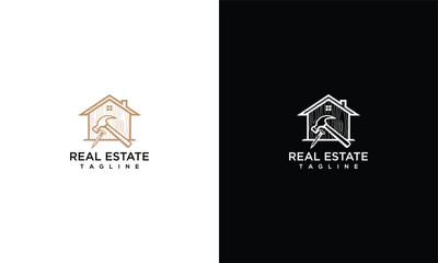 Obraz premium Minimalist Real Estate Logo With Hammer and House Outline