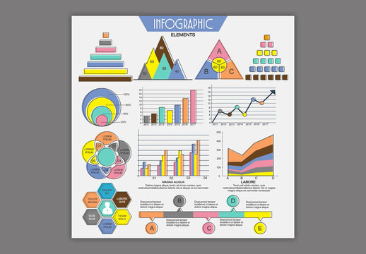 Editable Business Infographic Elements Template with Colorful Pyramid Charts, Bar Graphs, Line Diagrams and Data Visualization Timeline.