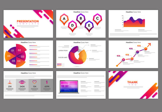 Editable Modern Business Presentation Template Deck with Infographic Charts, Data Visualization Slides and Device Mockups.